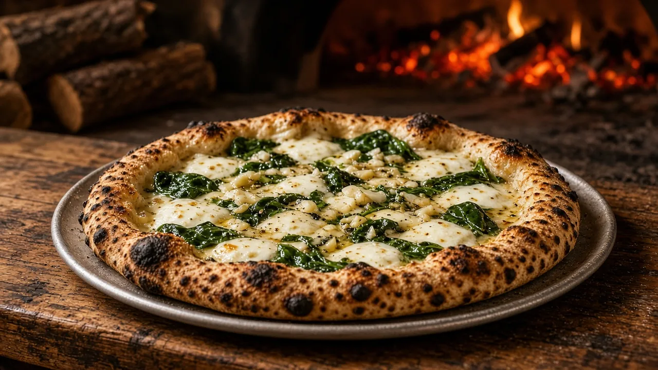 A wood fired white pizza with spinach, garlic and fresh mozzarella with a charred crust, set on a metal tray in front of a glowing wood-burning oven
